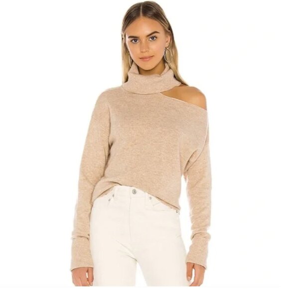 Paige Camel Wool Blend Raundi Cold Shoulder Turtleneck Sweater Ribbed Cuff Hem M - Picture 1 of 7